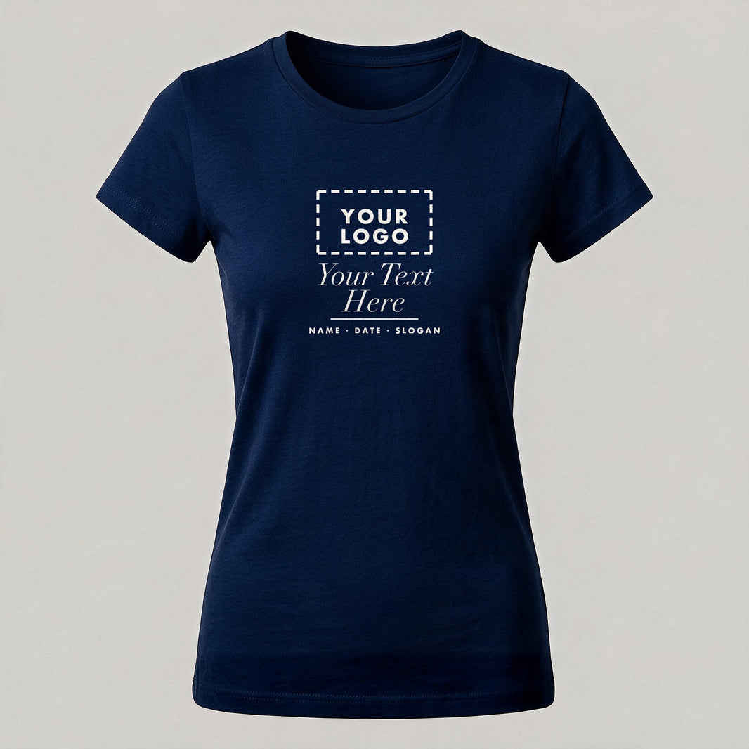 Navy ladies crew neck personalised t-shirt with a custom logo and text on the chest