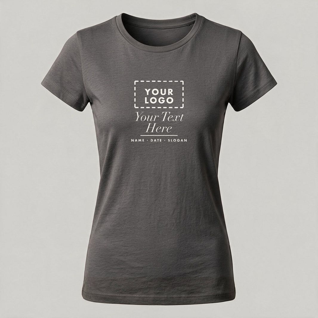 Charcoal grey ladies crew neck personalised t-shirt with a custom chest print