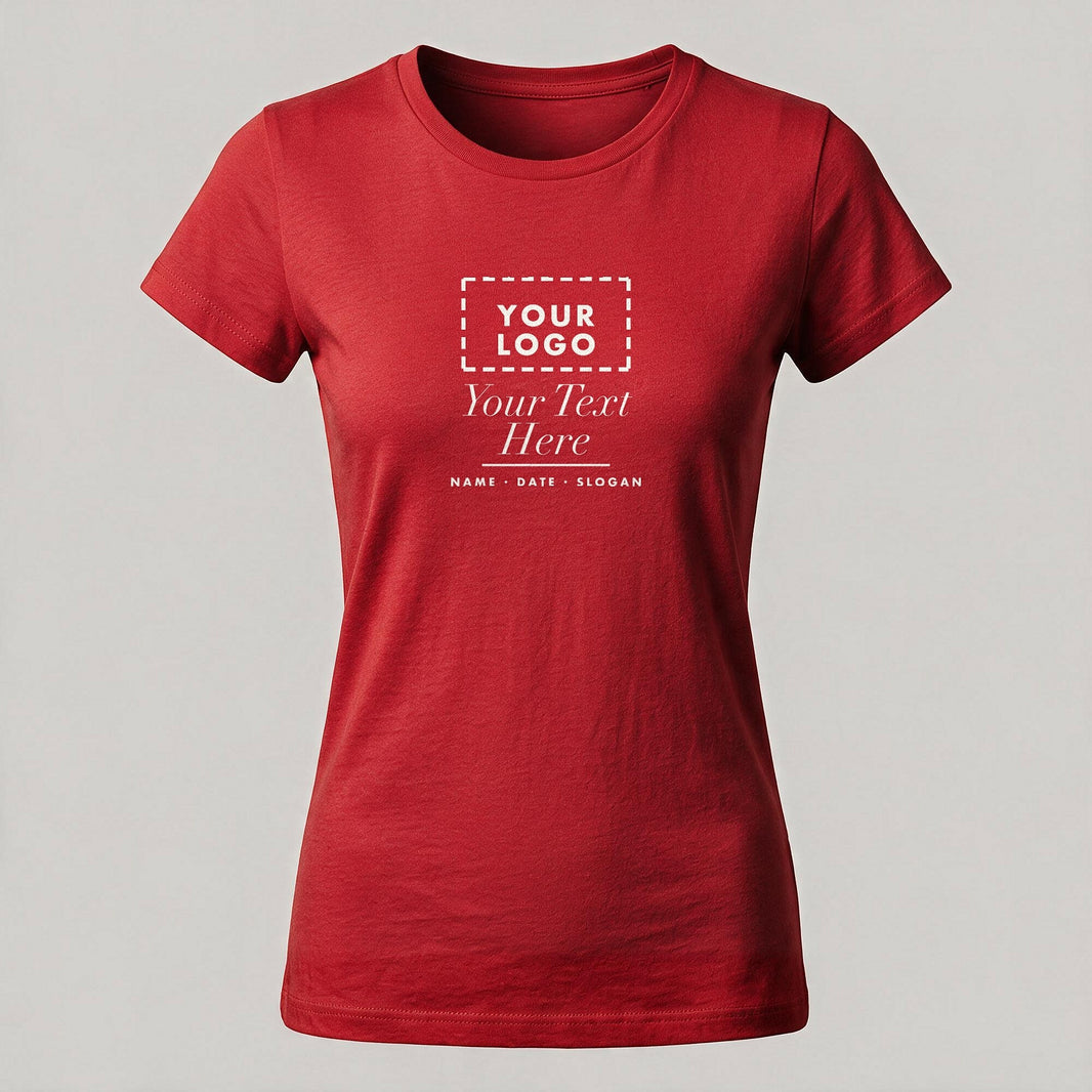 Red ladies crew neck personalised t-shirt with a custom chest print