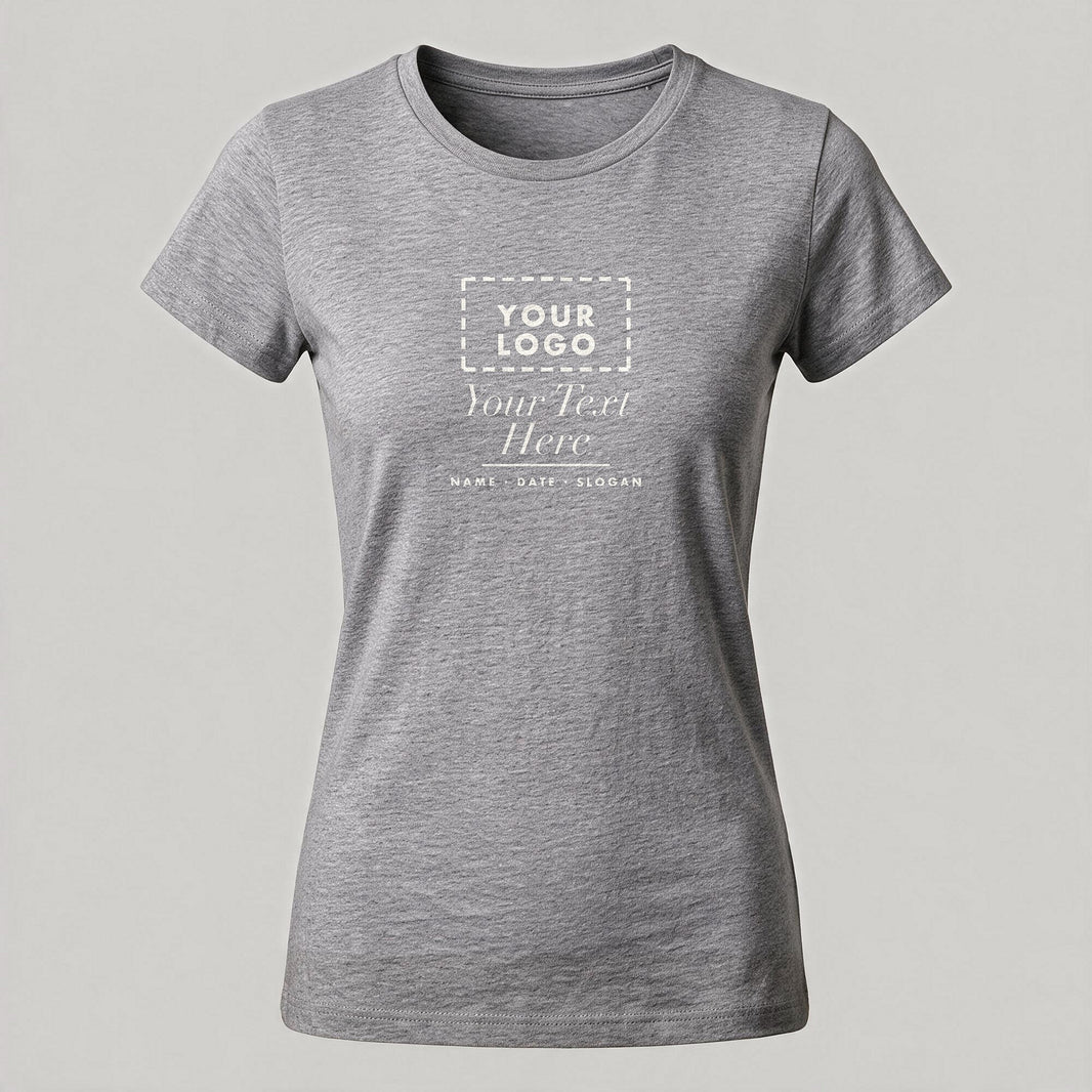Heather grey ladies crew neck personalised t-shirt with a custom chest print