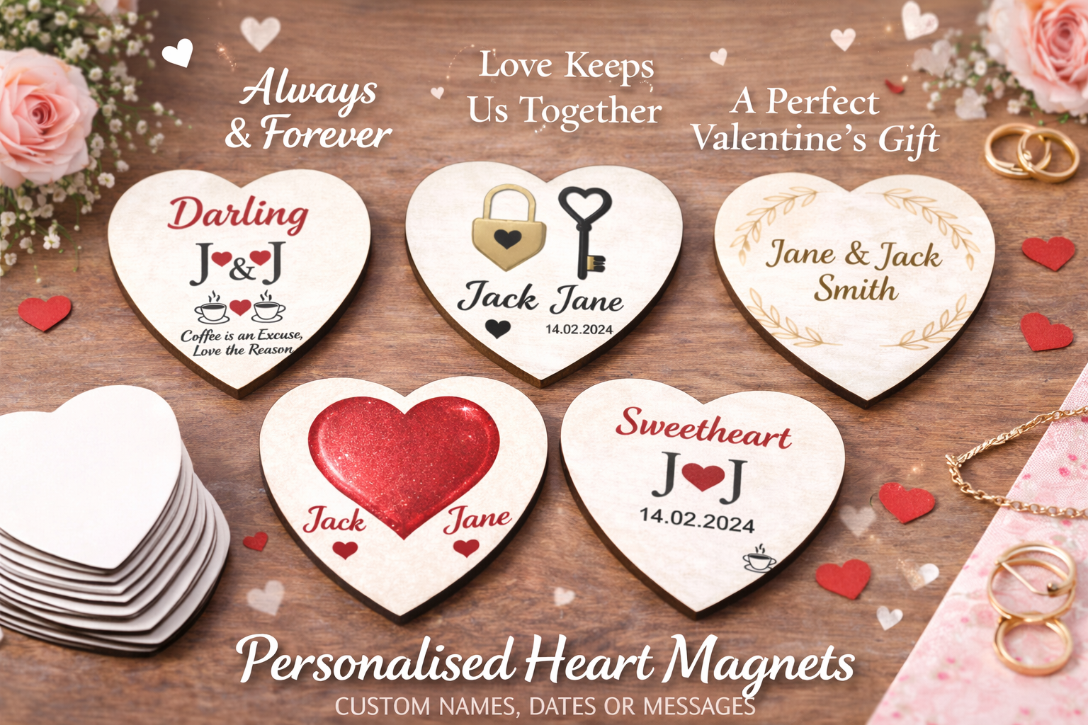 Personalised heart magnets with names and dates on a wooden surface with flowers and rings.