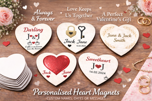 Personalised heart magnets with names and dates on a wooden surface with flowers and rings.