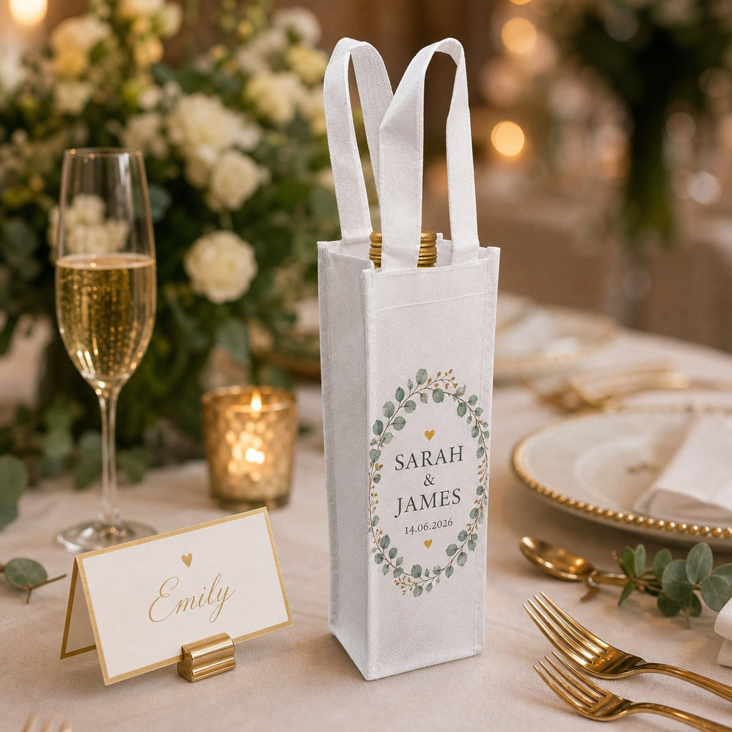 Wedding mini wine bottle bag personalised with the names Sarah and James in a botanical wreath on a wedding table