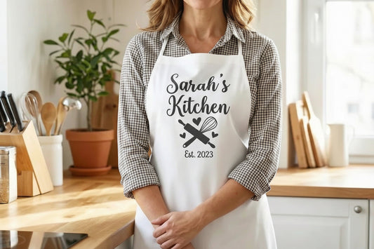 Woman wearing a personalized apron in a kitchen setting