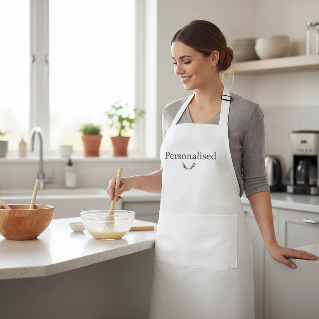 Woman in a kitchen wearing a white apron with 'Personalised' text.