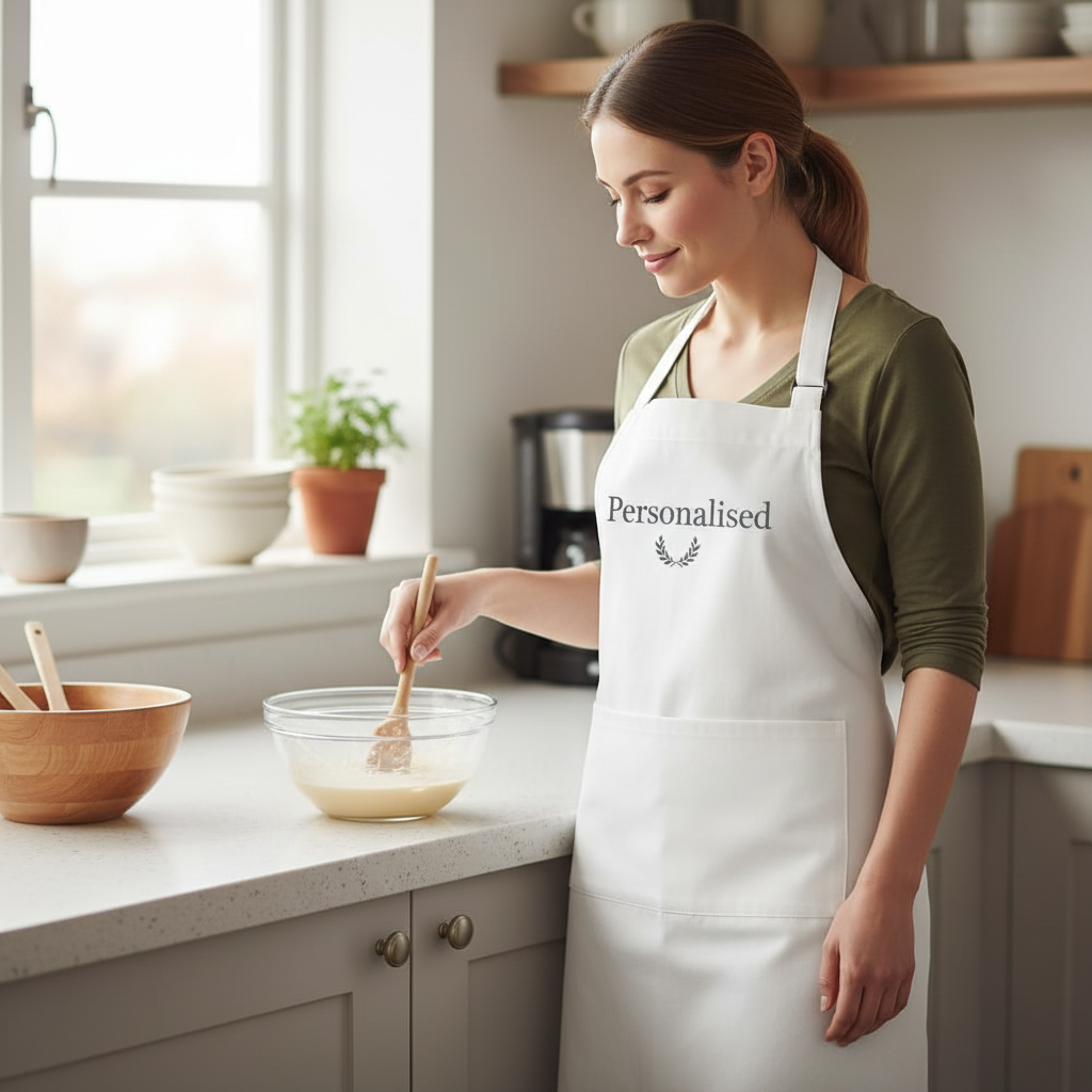Woman in a kitchen wearing a 'Personalised' apron, stirring a bowl.