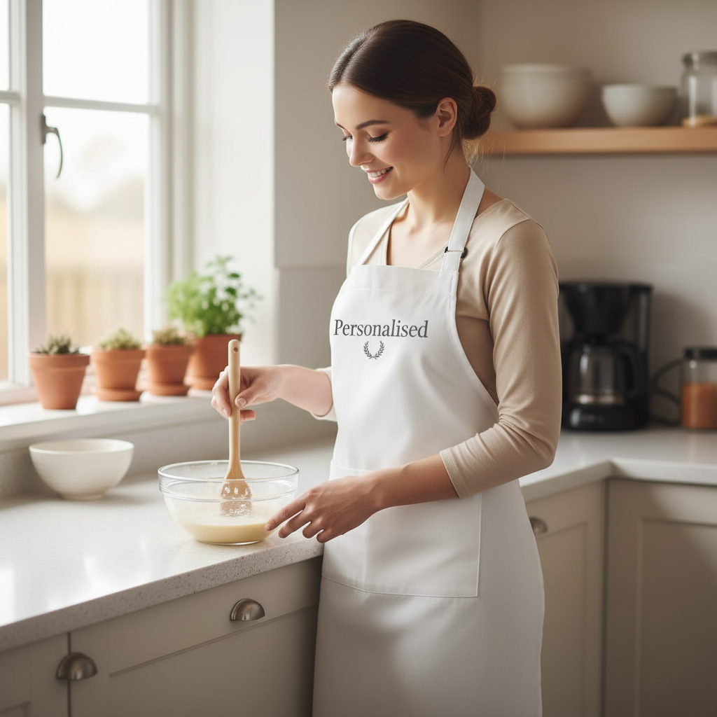 Woman in a kitchen wearing a 'Personalised' apron, mixing ingredients.