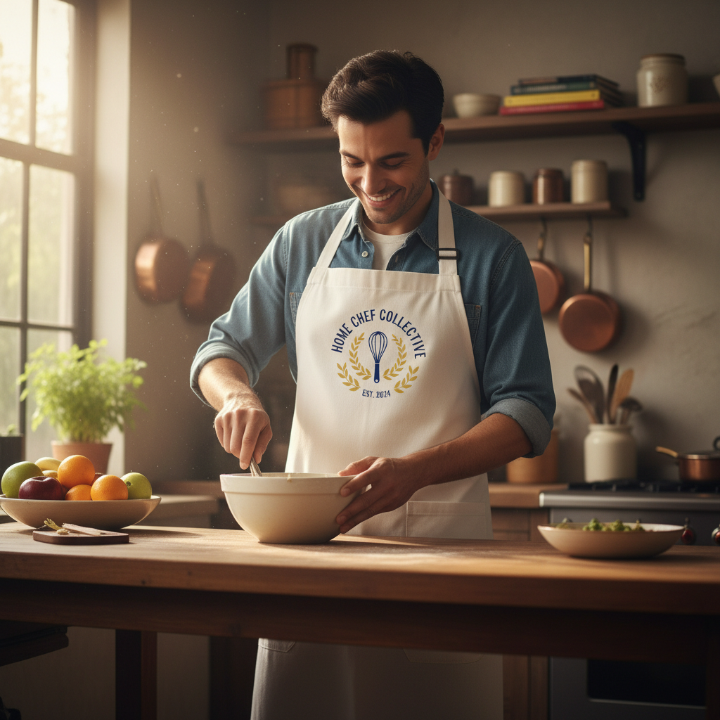 Man in a kitchen wearing a 'Home Chef Collective' apron, preparing food.