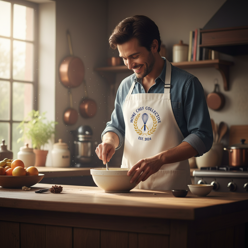 Man in a kitchen wearing an apron with 'Home Chef Collective' logo, stirring a bowl.