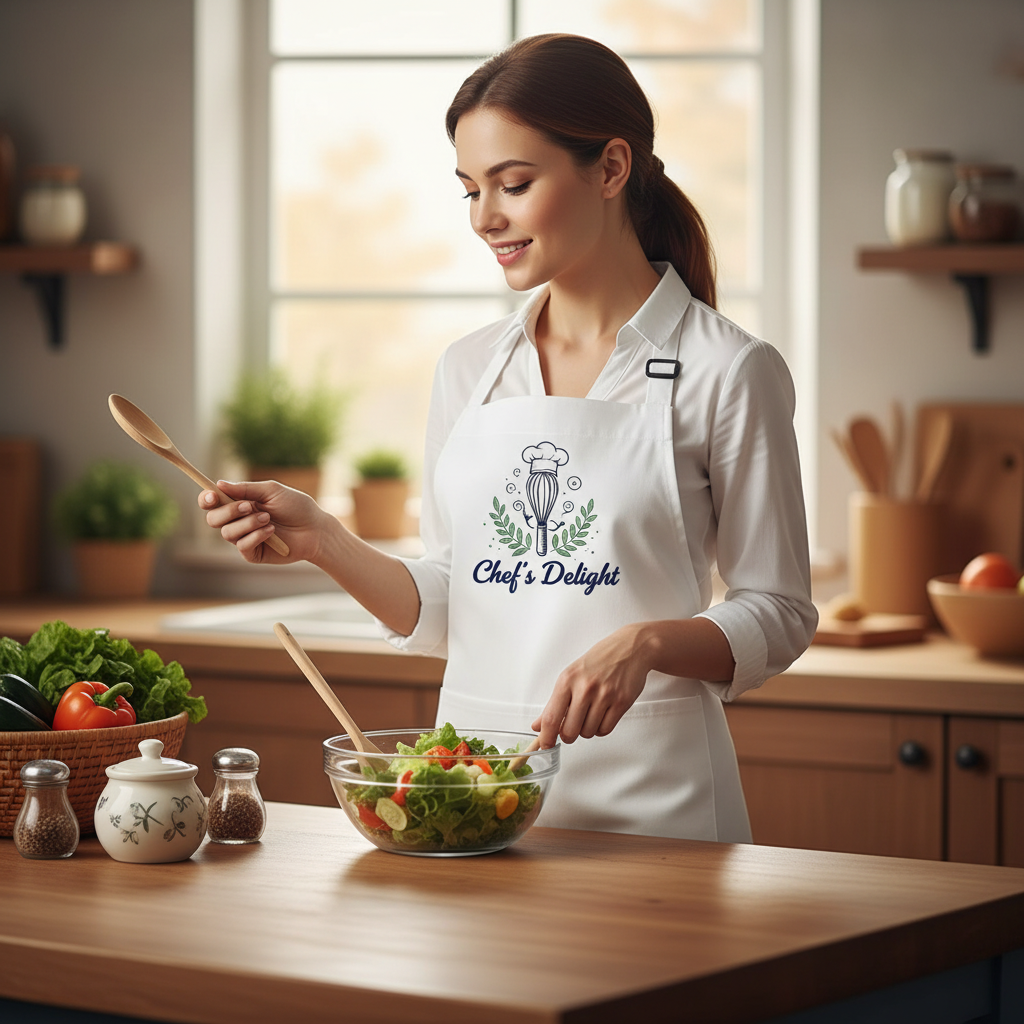 Woman in a kitchen wearing a 'Chef's Delight' apron, preparing a salad.