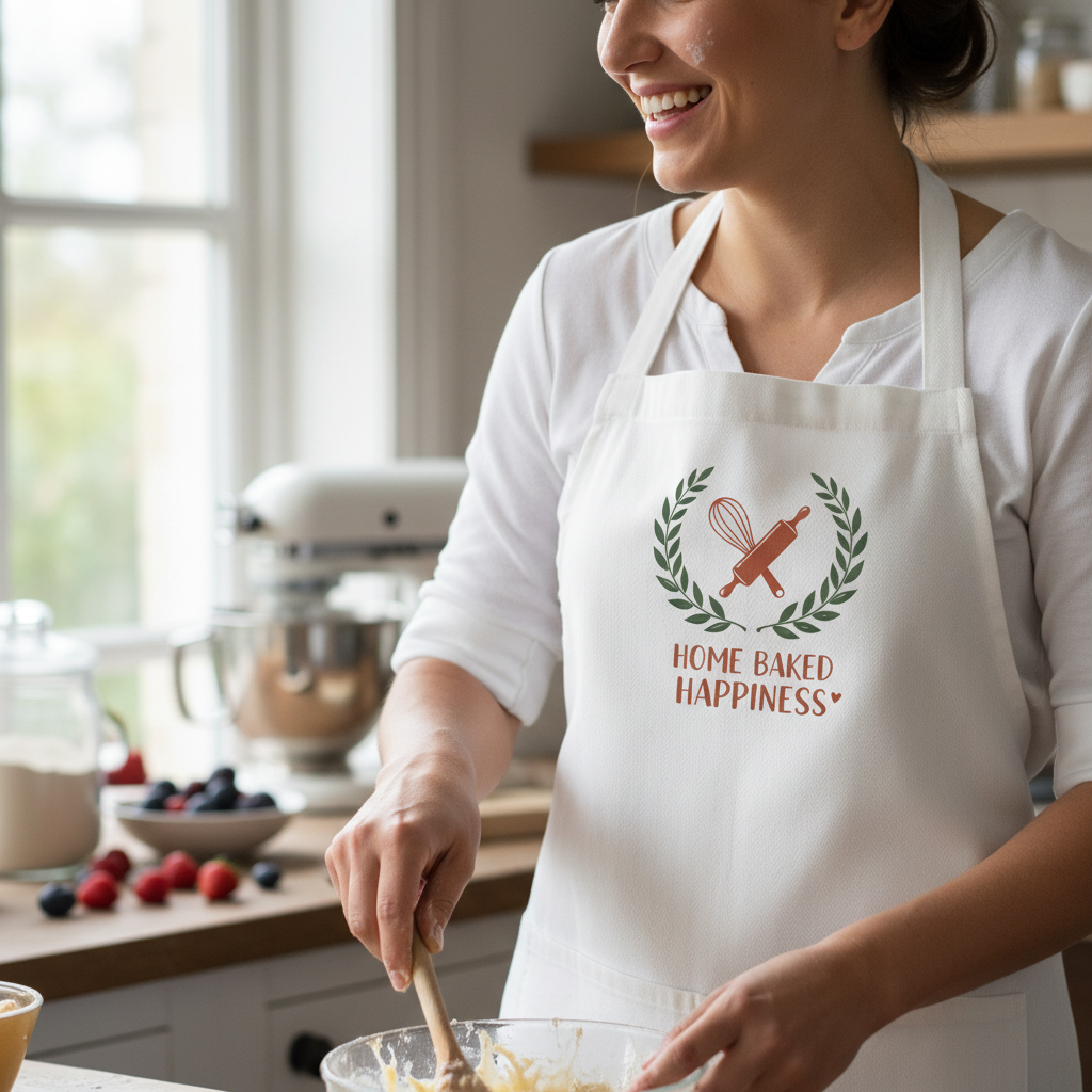 Person wearing a white apron with 'Home Baked Happiness' design in a kitchen.