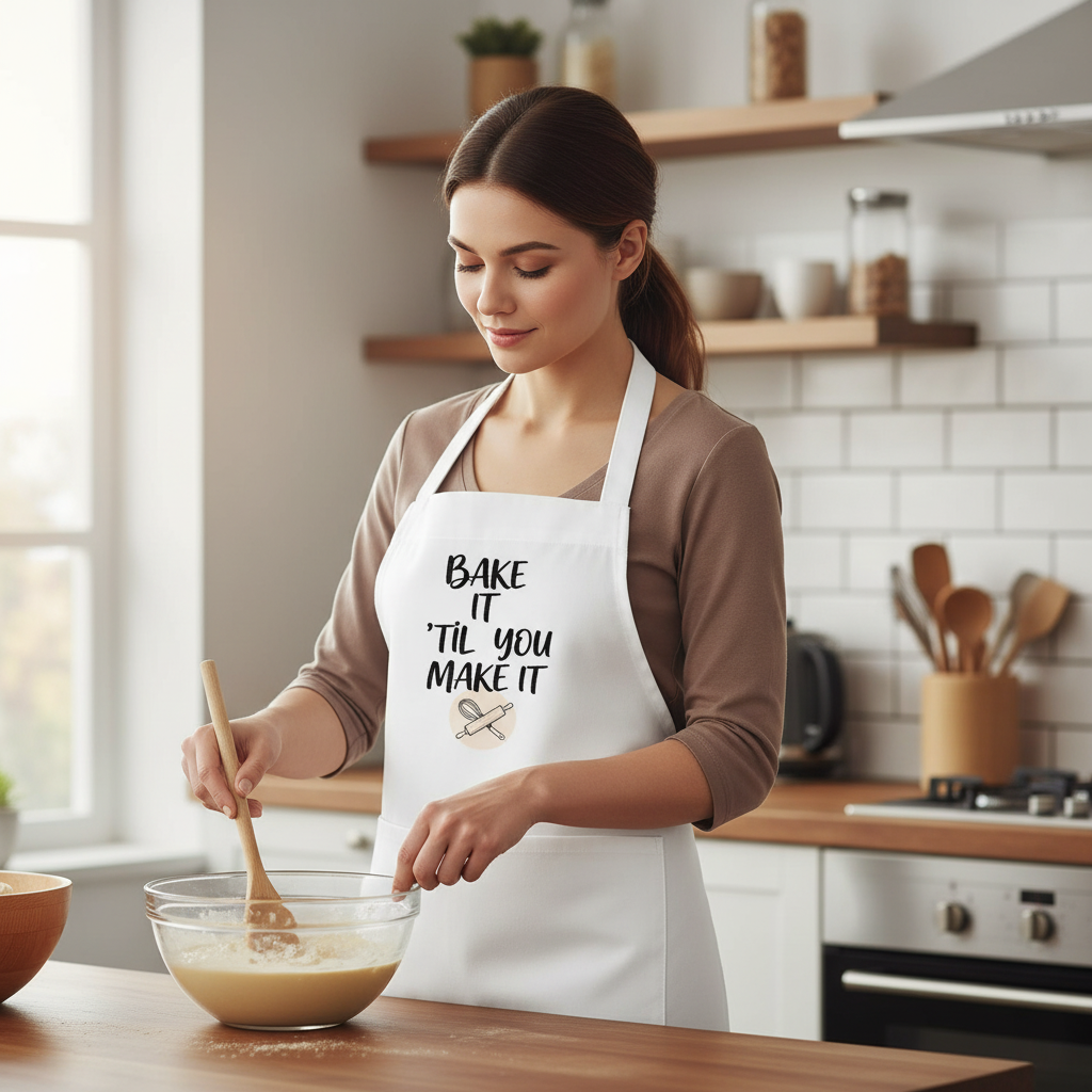 Woman in a kitchen wearing an apron with text, mixing ingredients.