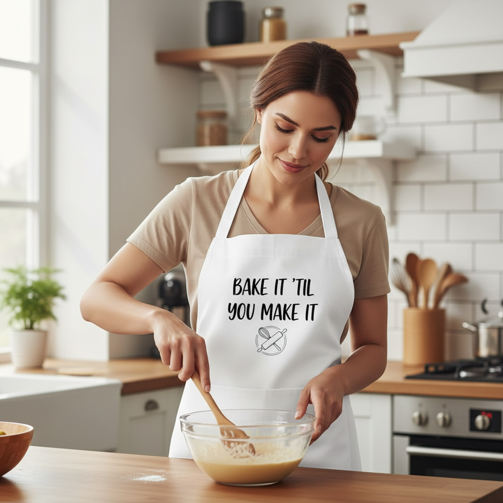 Woman in a kitchen wearing an apron with text, mixing ingredients.