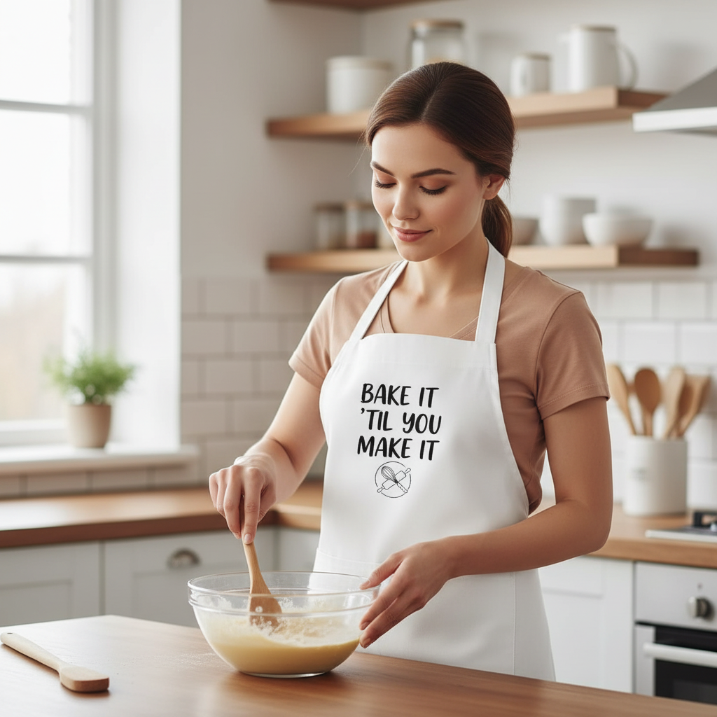 Woman in a kitchen wearing an apron with text, mixing ingredients.