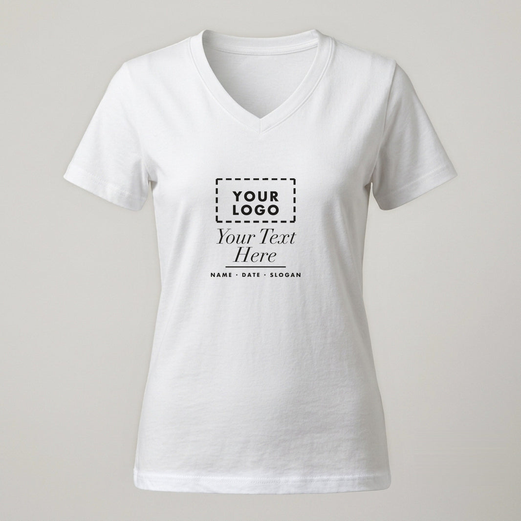 White ladies V-neck personalised t-shirt with a custom chest print
