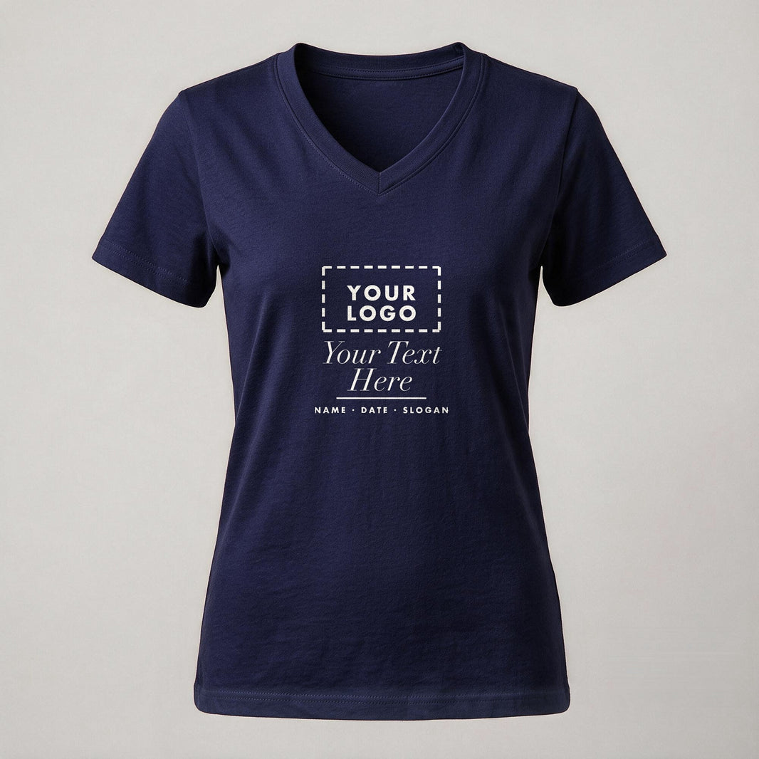 Navy ladies V-neck personalised t-shirt with a custom chest print
