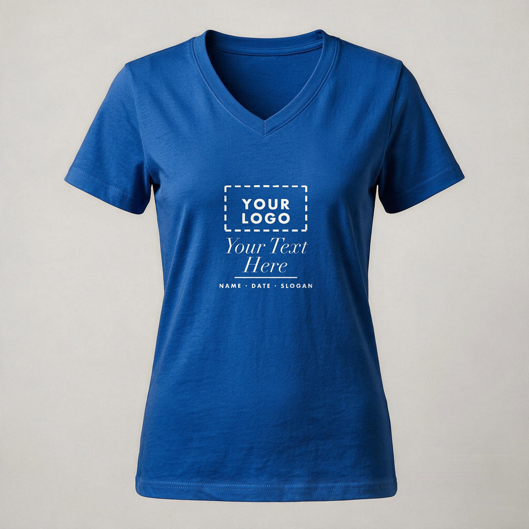 Royal blue ladies V-neck personalised t-shirt with a custom chest print