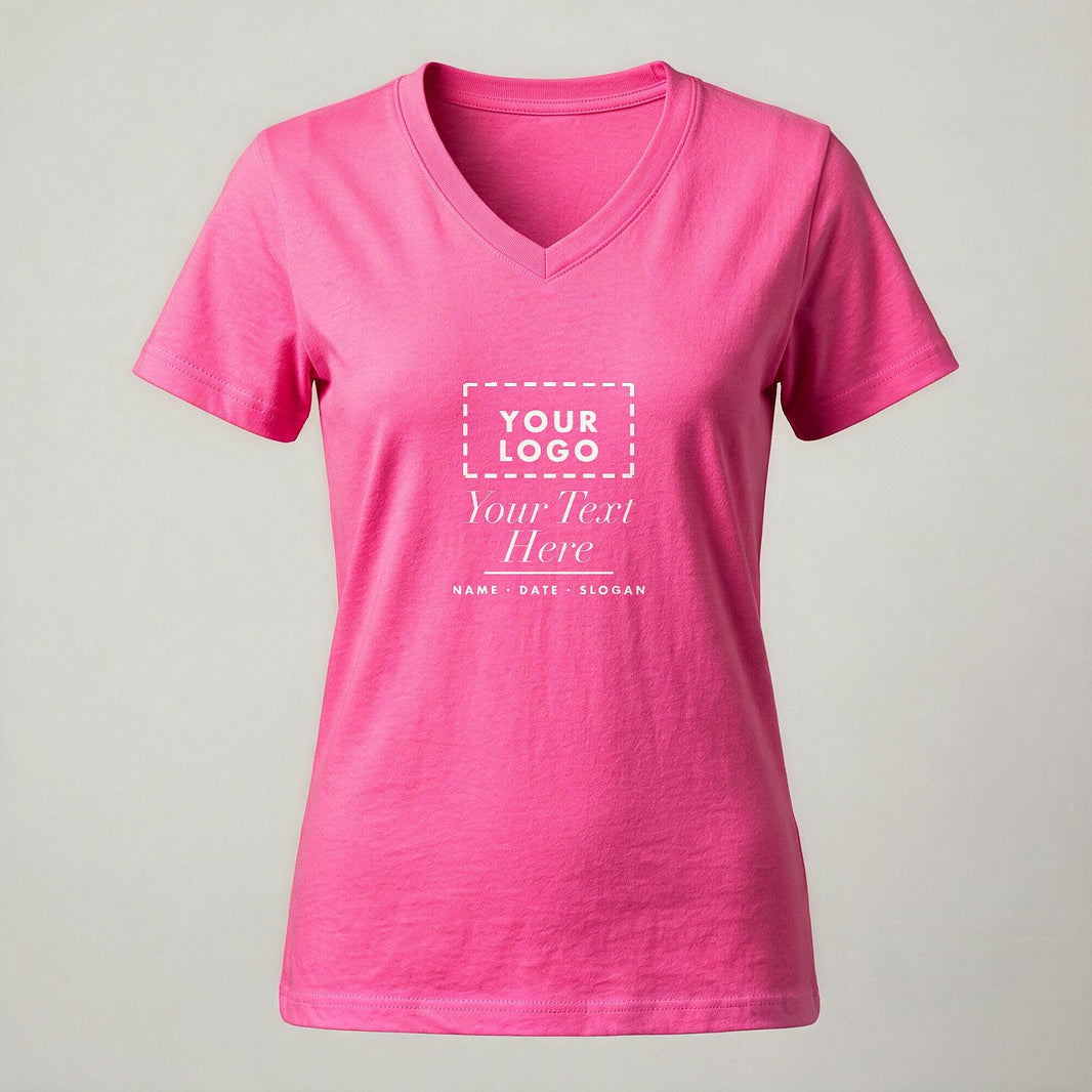 Hot pink ladies V-neck personalised t-shirt with a custom chest print